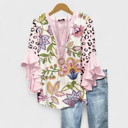 Dames Blouse met V-hals en Gelaagde Ruchesmouwen Boho Bloemenprint Roze