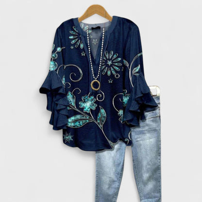 Dames Blouse met V-hals en Gelaagde Ruchesmouwen Boho Bloemenprint Donkerblauw