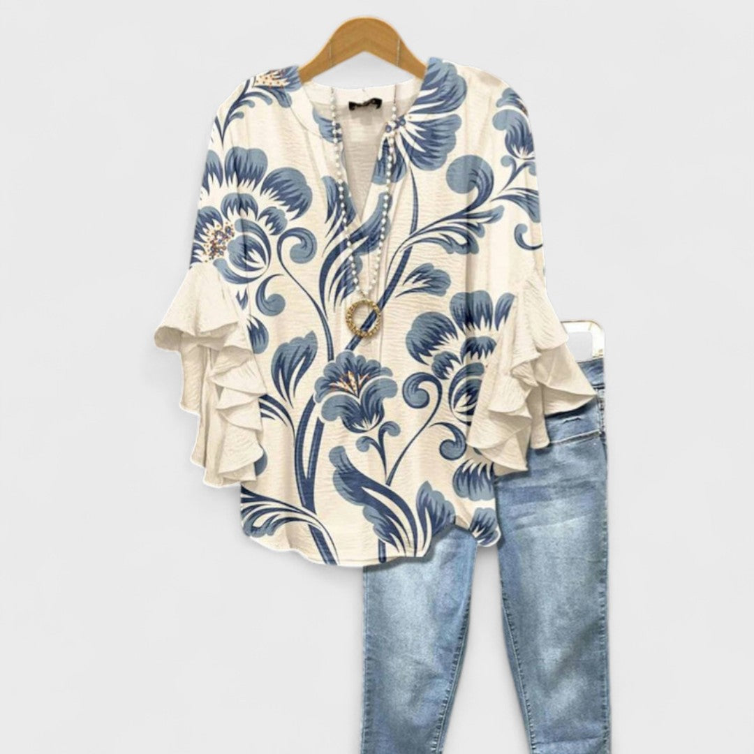 Dames Blouse met V-hals en Gelaagde Ruchesmouwen Boho Bloemenprint Wit