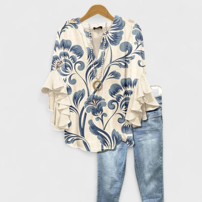 Dames Blouse met V-hals en Gelaagde Ruchesmouwen Boho Bloemenprint Wit