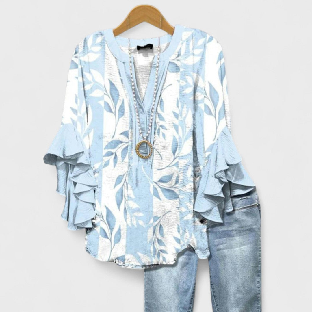 Dames Blouse met V-hals en Gelaagde Ruchesmouwen Boho Bloemenprint Lichtblauw