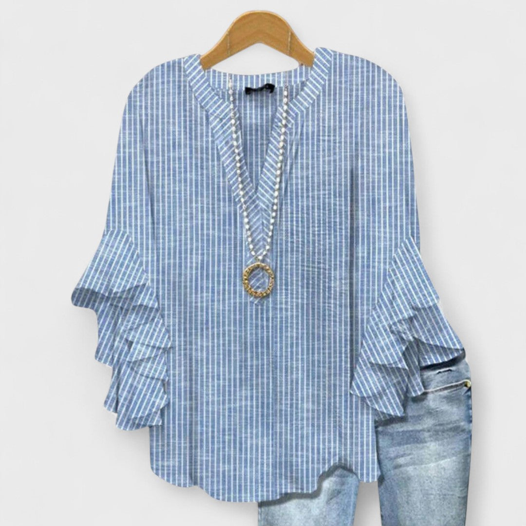 Dames Blouse met V-hals en Gelaagde Ruchesmouwen Boho Bloemenprint Blauw