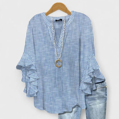 Dames Blouse met V-hals en Gelaagde Ruchesmouwen Boho Bloemenprint Blauw