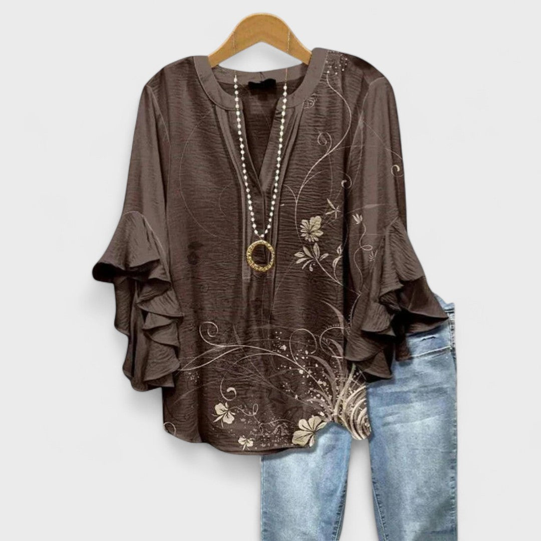 Dames Blouse met V-hals en Gelaagde Ruchesmouwen Boho Bloemenprint Bruin
