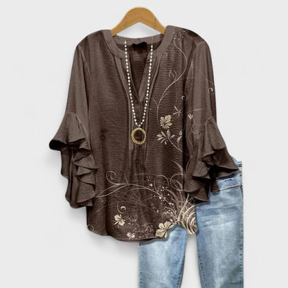 Dames Blouse met V-hals en Gelaagde Ruchesmouwen Boho Bloemenprint Bruin