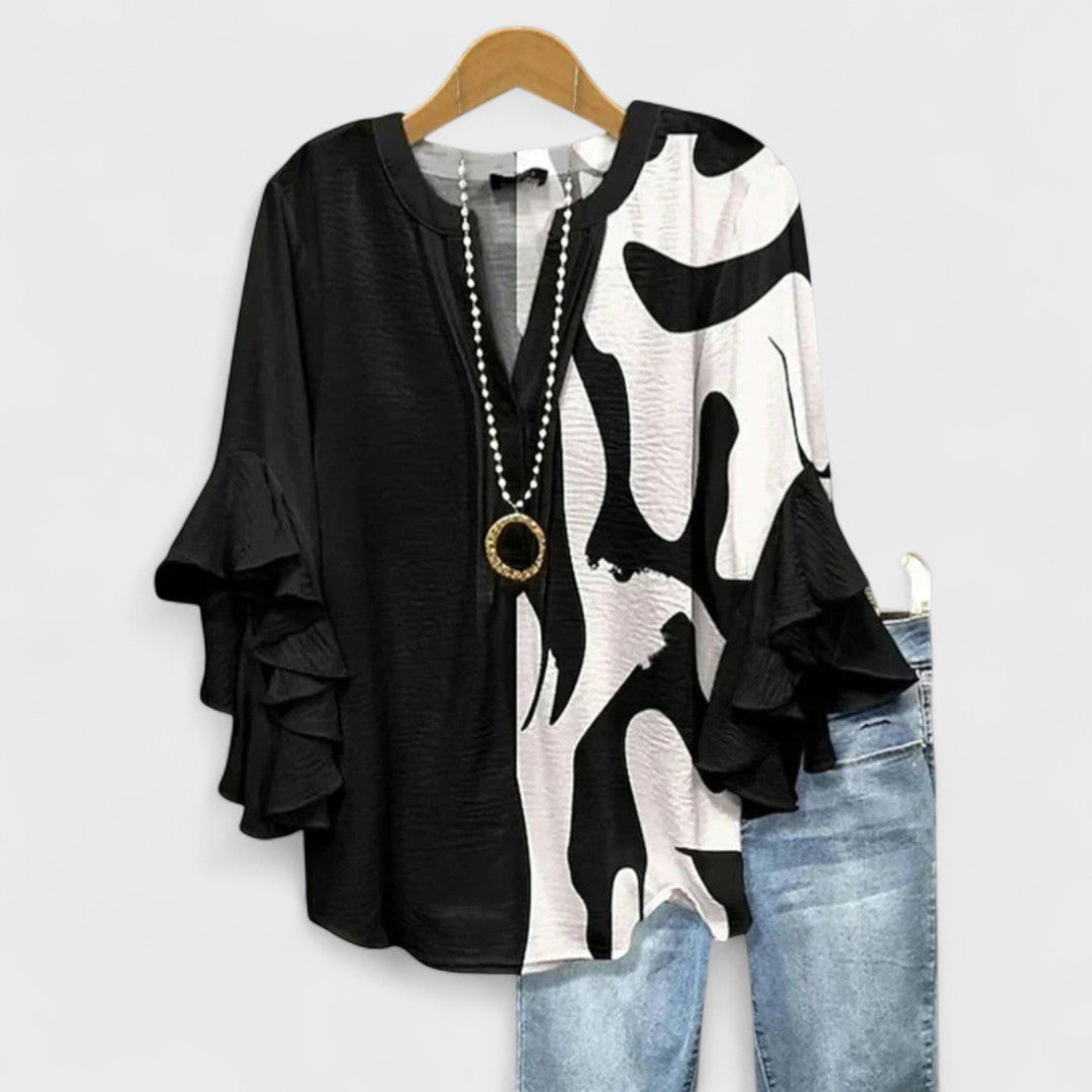 Dames Blouse met V-hals en Gelaagde Ruchesmouwen Boho Bloemenprint Zwart