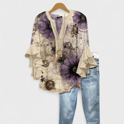Dames Blouse met V-hals en Gelaagde Ruchesmouwen Boho Bloemenprint Beige