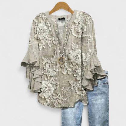 Dames Blouse met V-hals en Gelaagde Ruchesmouwen Boho Bloemenprint Grijs