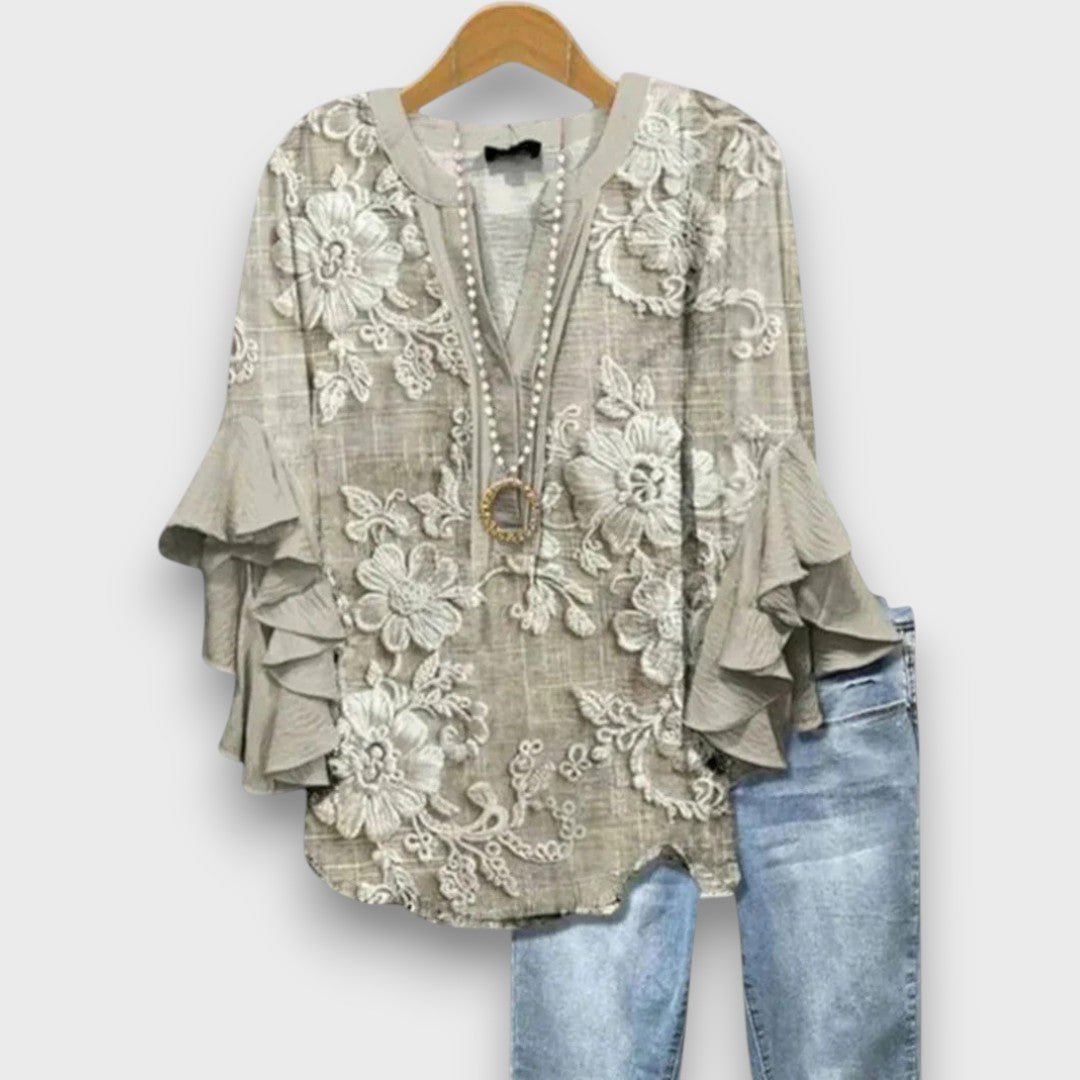 Dames Blouse met V-hals en Gelaagde Ruchesmouwen met Print