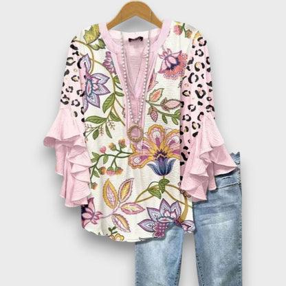 Dames Blouse met V-hals en Gelaagde Ruchesmouwen met Print