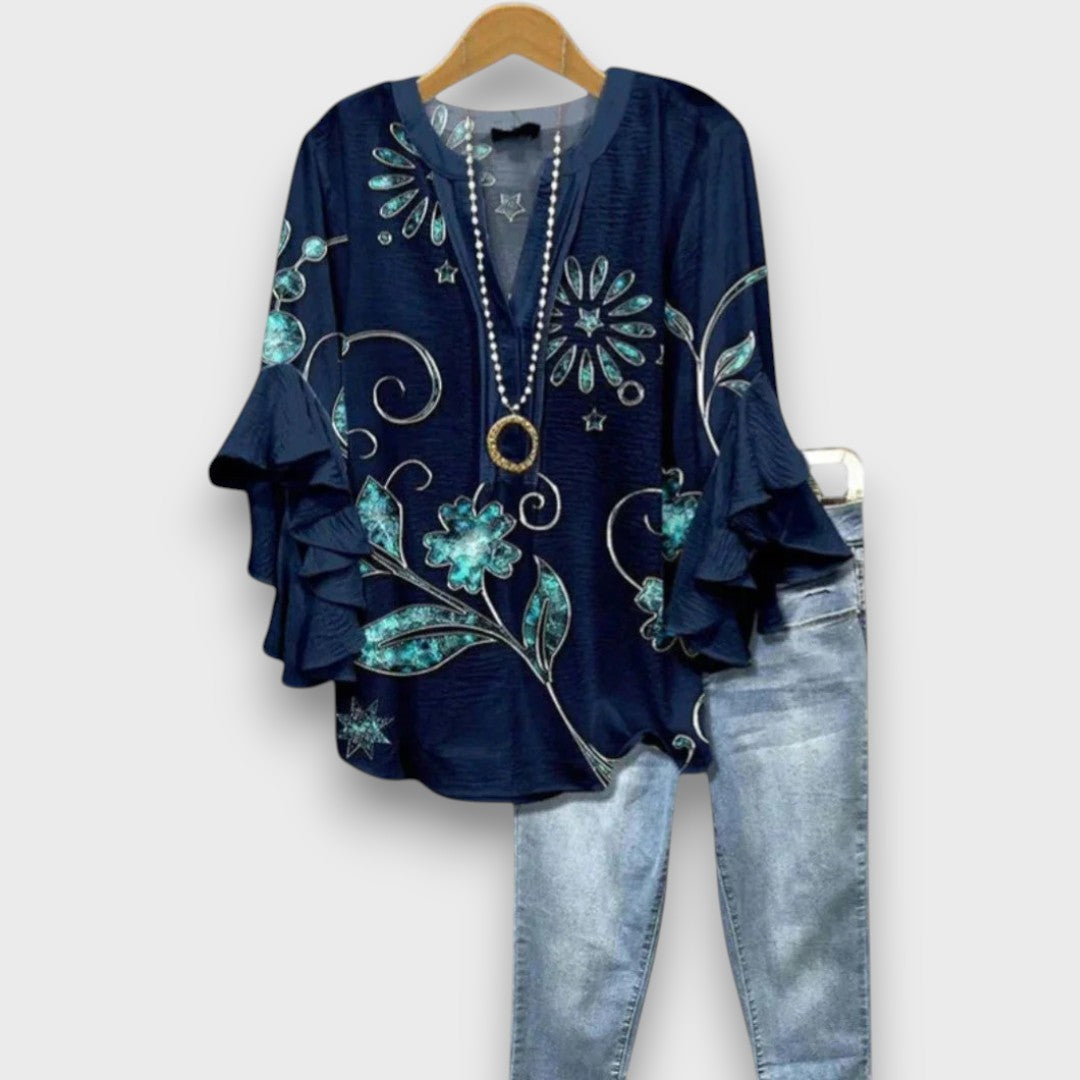 Dames Blouse met V-hals en Gelaagde Ruchesmouwen met Print