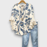Dames Blouse met V-hals en Gelaagde Ruchesmouwen met Print