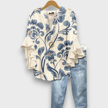 Dames Blouse met V-hals en Gelaagde Ruchesmouwen met Print