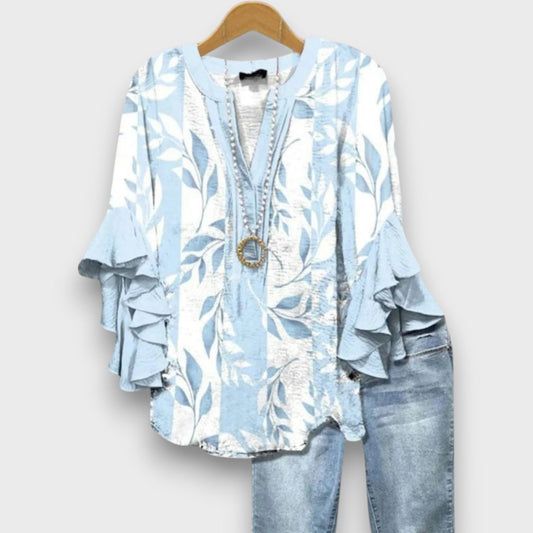 Dames Blouse met V-hals en Gelaagde Ruchesmouwen met Print Lichtblauw