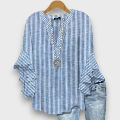 Dames Blouse met V-hals en Gelaagde Ruchesmouwen met Print
