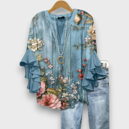 Dames Blouse met V-hals en Gelaagde Ruchesmouwen met Print