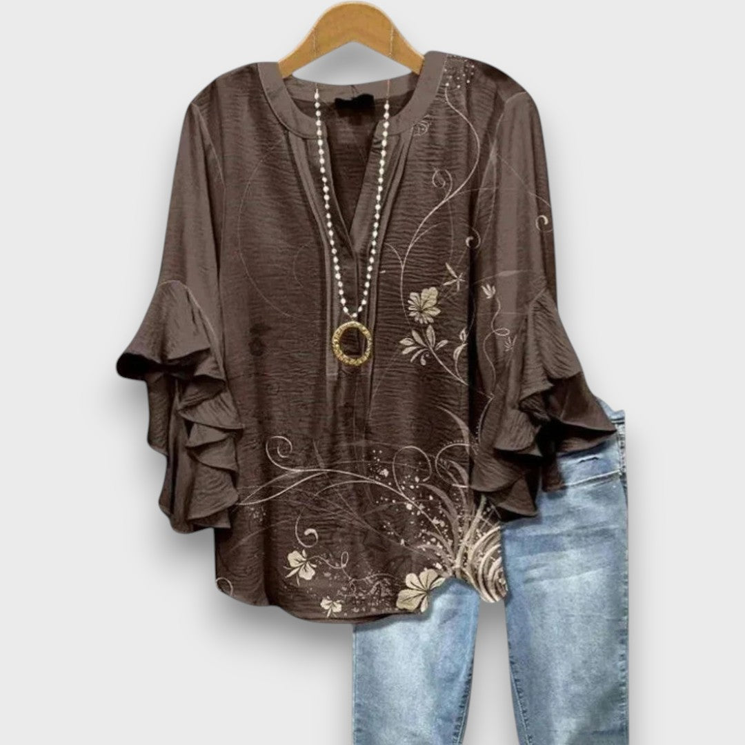 Dames Blouse met V-hals en Gelaagde Ruchesmouwen met Print
