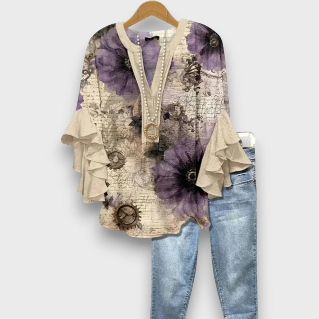 Dames Blouse met V-hals en Gelaagde Ruchesmouwen met Print