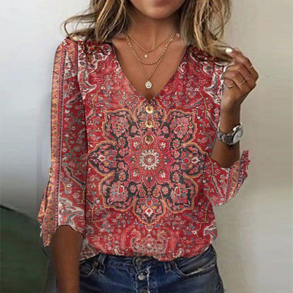 Dames Blouse met V-hals en Lange Mouw Boho Mandalaprint