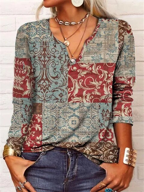 Dames Blouse met V-hals en Lange Mouw Boho Mandalaprint