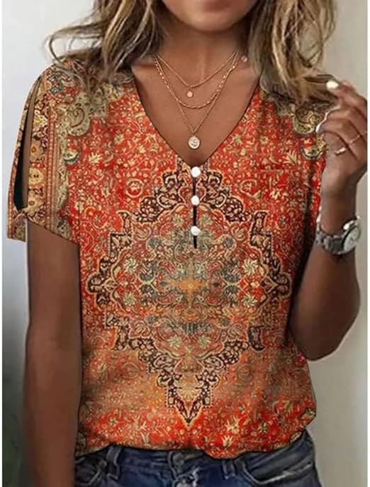 Dames Blouse met V-hals en Lange Mouw Boho Mandalaprint
