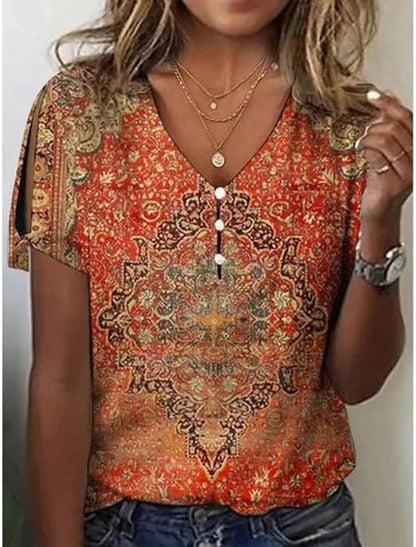 Dames Blouse met V-hals en Lange Mouw Boho Mandalaprint