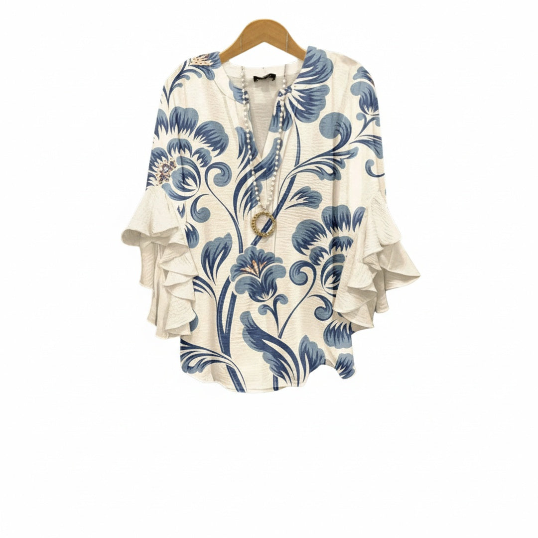 Dames Blouse met V-hals en Volantmouwen Driekwart Mouw Oversized