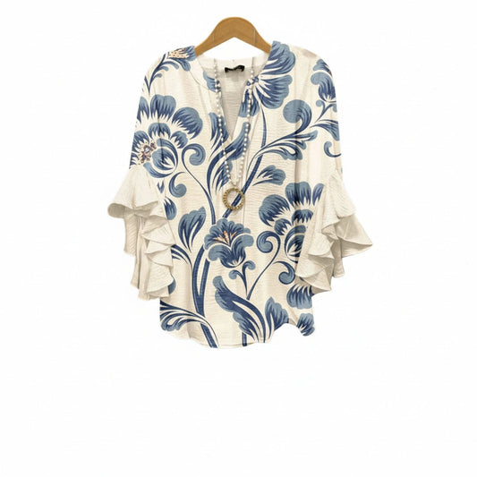 Dames Blouse met V-hals en Volantmouwen Driekwart Mouw Oversized