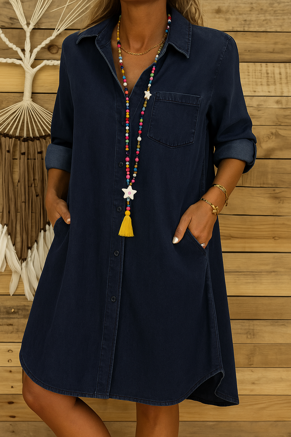 Dames Blousejurk met Knoopsluiting, Borstzak en Zijzakken Marineblauw
