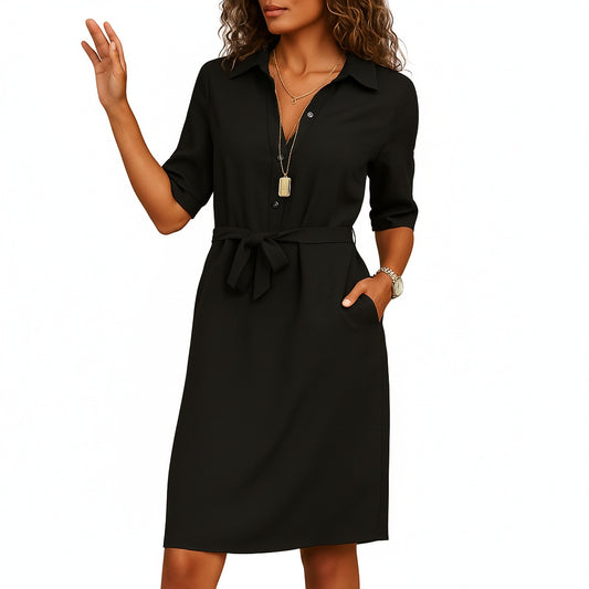 Dames Blousejurk Midi met Hemdkraag, Strikceintuur en Driekwart Mouw