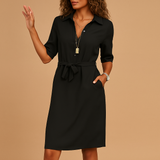 Dames Blousejurk Midi met Hemdkraag, Strikceintuur en Driekwart Mouw