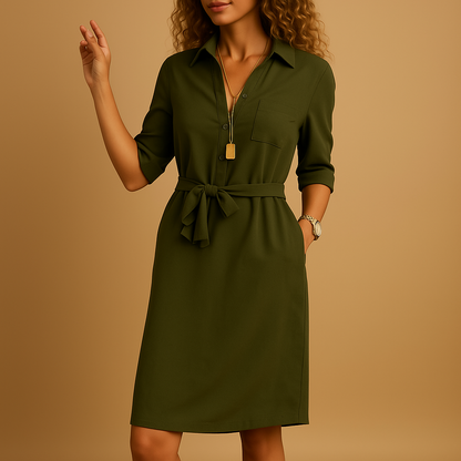 Dames Blousejurk Midi met Hemdkraag, Strikceintuur en Driekwart Mouw Legergroen