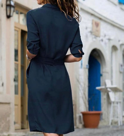 Dames Blousejurk Midi met Hemdkraag, Strikceintuur en Driekwart Mouw