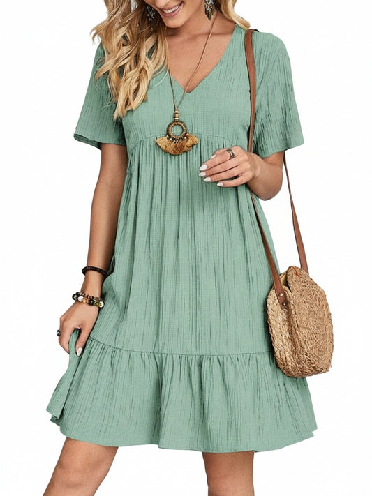 Dames Bohemian Jurk Korte Mouw met V-hals en Gelaagde Rok