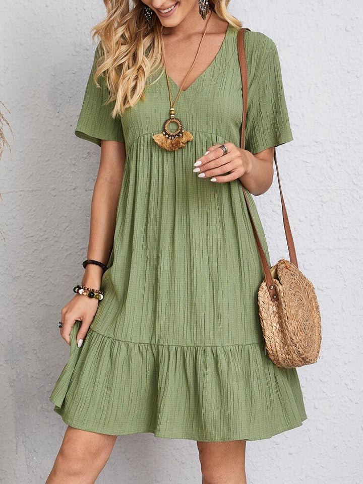 Dames Bohemian Jurk Korte Mouw met V-hals en Gelaagde Rok Groen