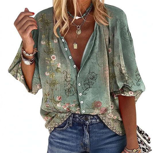 Dames Boho Blouse met V-hals en Knoopjes Lange Mouw Bloemenprint
