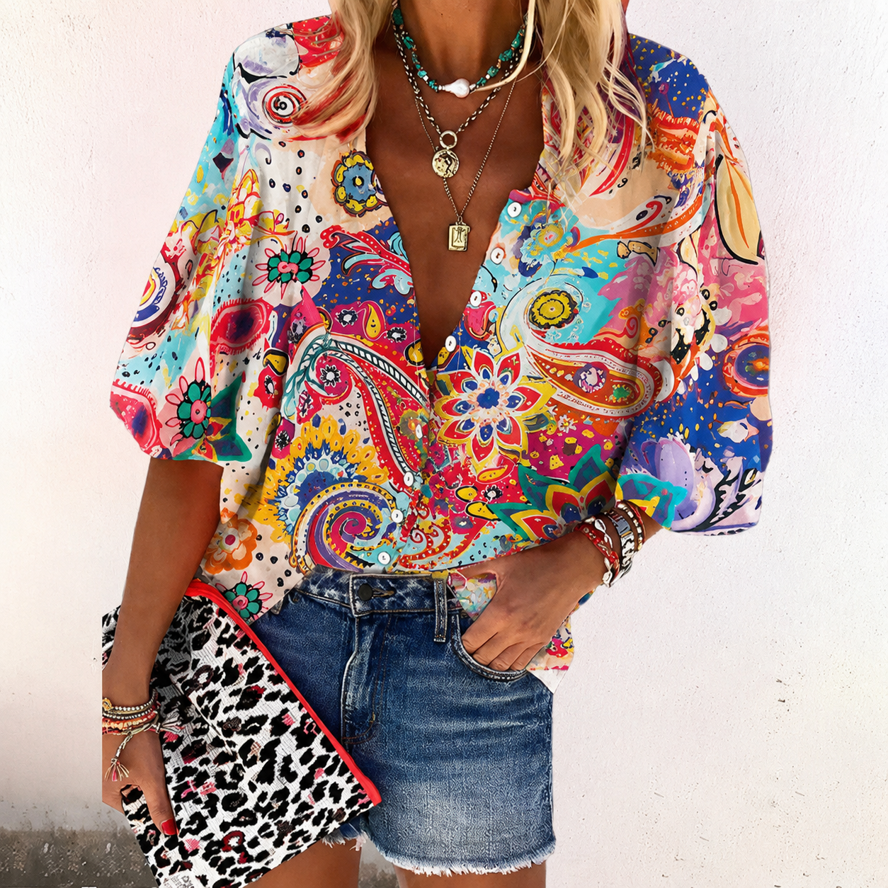 Dames Boho Blouse met V-hals en Knoopjes Lange Mouw Bloemenprint Roze