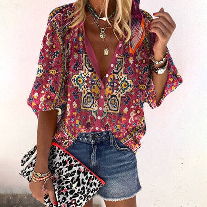 Dames Boho Blouse met V-hals en Knoopjes Lange Mouw Bloemenprint Rood