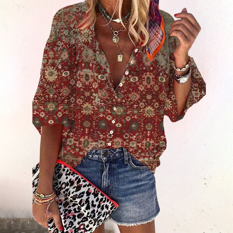 Dames Boho Blouse met V-hals en Knoopjes Lange Mouw Bloemenprint Bruin