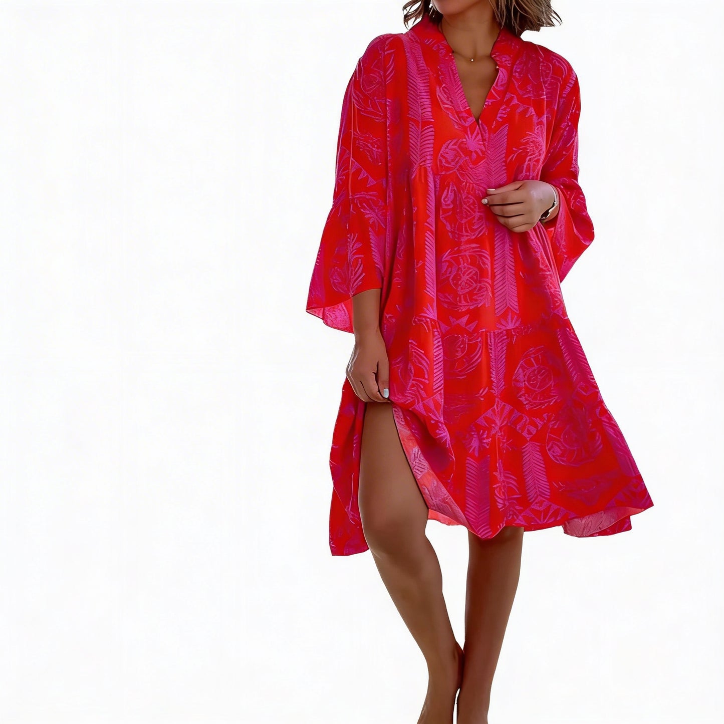 Dames Boho Jurk met V-hals en Klokmouwen