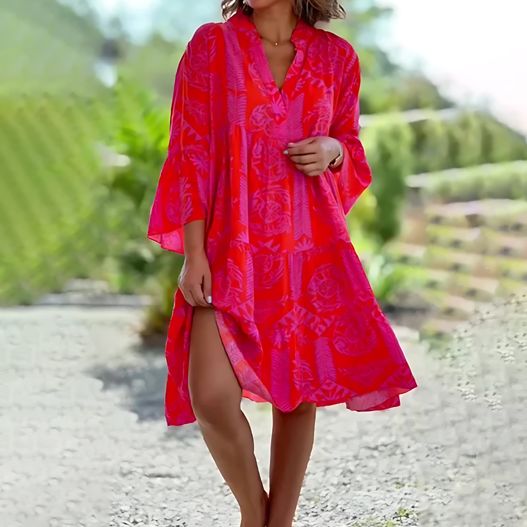Dames Boho Jurk met V-hals en Klokmouwen Rood