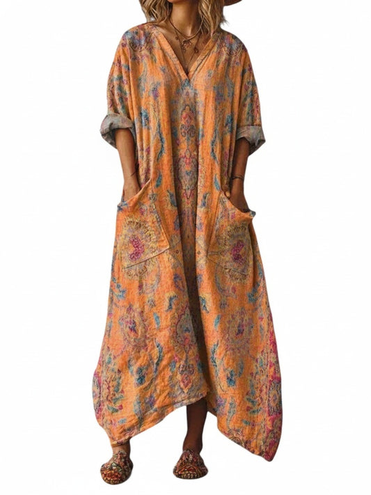 Dames Boho Maxi Jurk met V-hals en Oversized Pasvorm