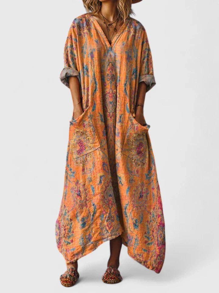 Dames Boho Maxi Jurk met V-hals en Oversized Pasvorm Oranje