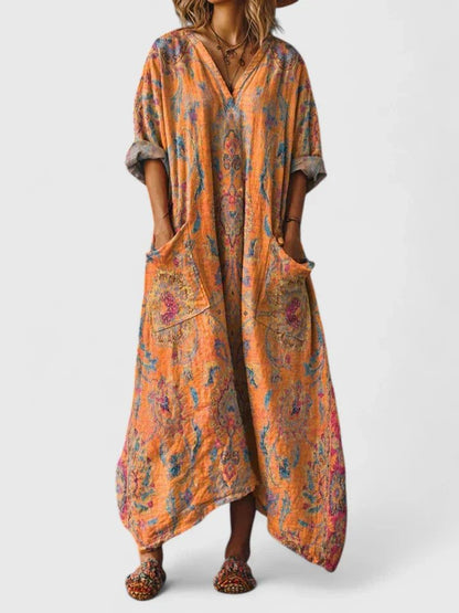 Dames Boho Maxi Jurk met V-hals en Oversized Pasvorm Oranje