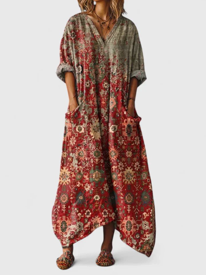 Dames Boho Maxi Jurk met V-hals en Oversized Pasvorm Rood
