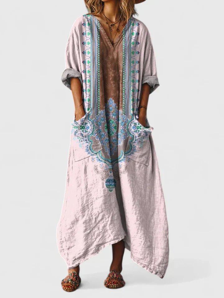 Dames Boho Maxi Jurk met V-hals en Oversized Pasvorm Lichtroze