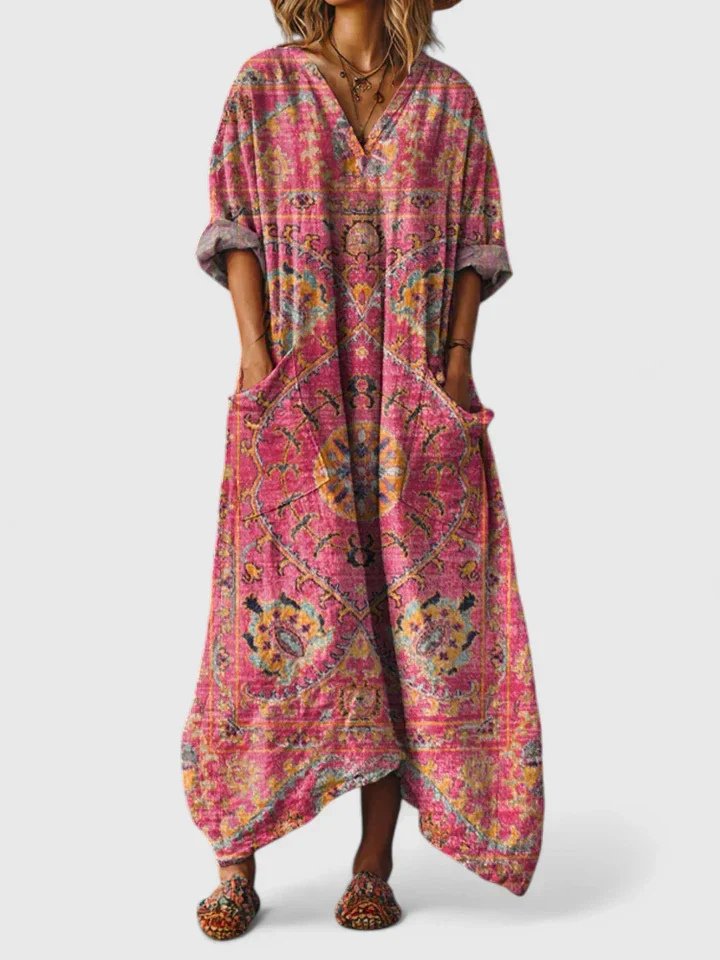Dames Boho Maxi Jurk met V-hals en Oversized Pasvorm Donkerroze