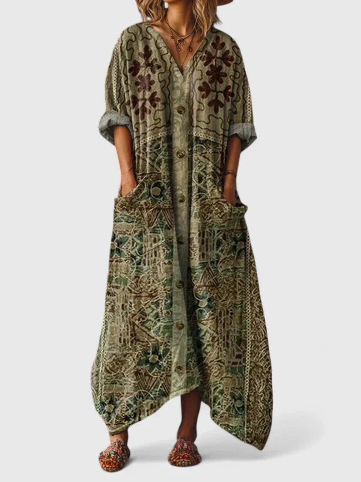 Dames Boho Maxi Jurk met V-hals en Oversized Pasvorm Olijfgroen