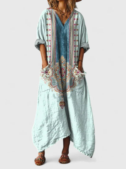 Dames Boho Maxi Jurk met V-hals en Oversized Pasvorm Poederblauw