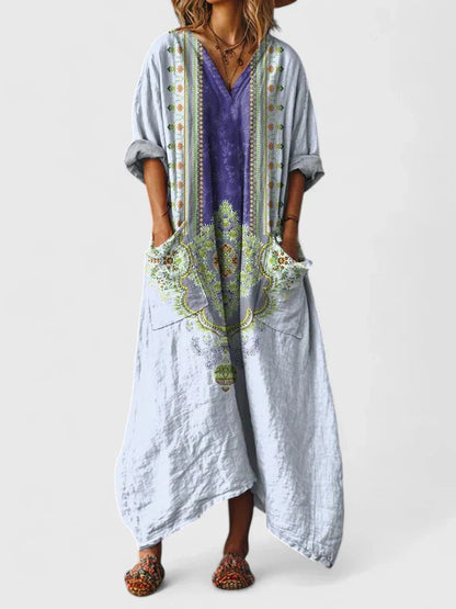 Dames Boho Maxi Jurk met V-hals en Oversized Pasvorm Lichtblauw